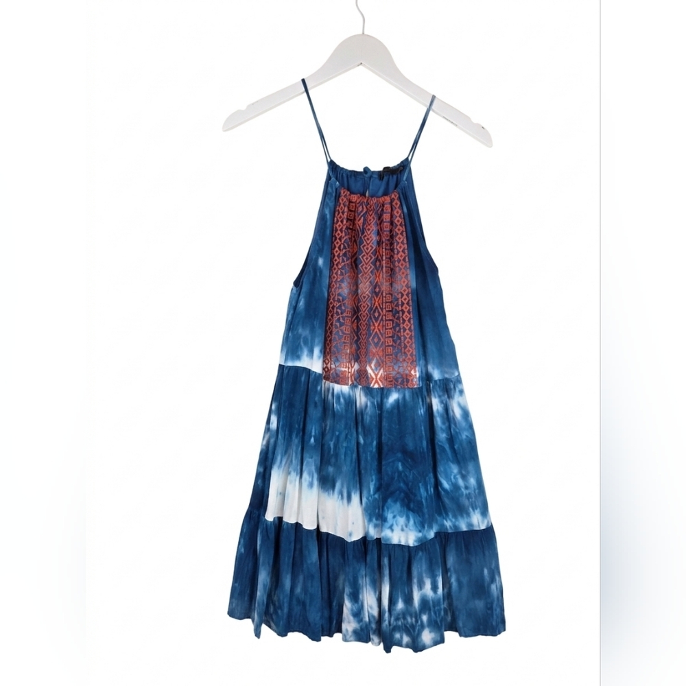 THML Blue Tie-Dye Tiered Mini Dress Orange Geometric‎ Embroidery Boho M